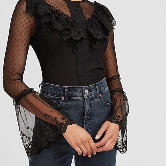 Sheer Swiss Dot Sleeve Ruffle Thong Bodysuit - Picture 3 of 5